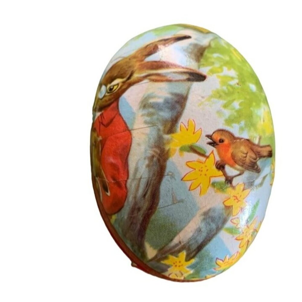 Vintage Paper Mache Easter Egg Bunny & Bird Design Spring Decor Collectible 3.5"